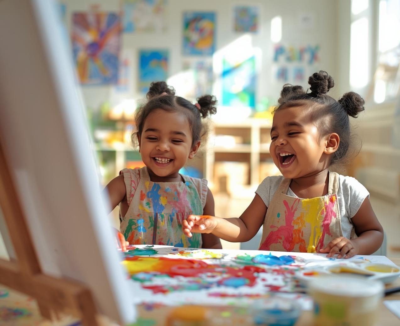 2 little girls painting and laughing pic