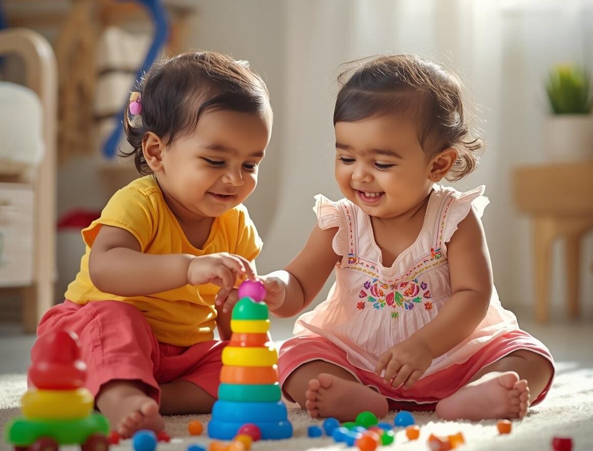 create real images that look like photos of two toddlers playing together with toys