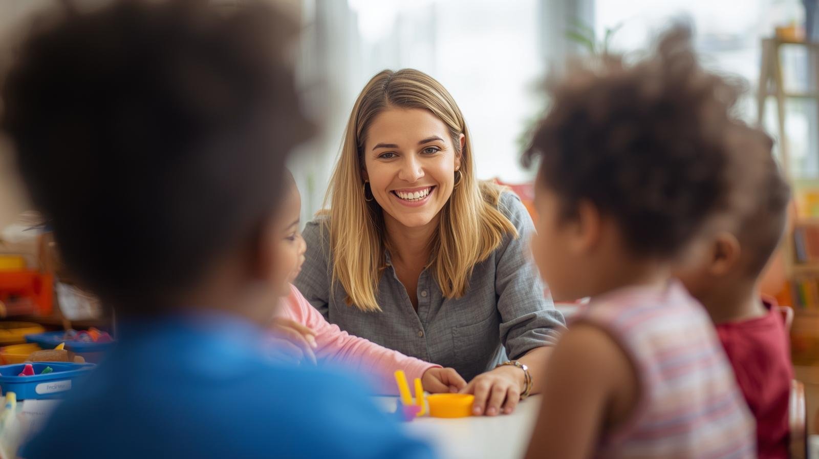 teacher with small toddlers multicultural in classroom pic